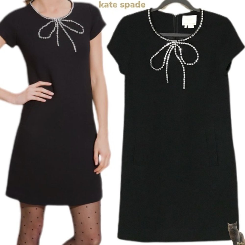 Kate Spade Gail Black Rhinestone Jewel Bow Embellished  Dress Sz 8 SLIGHT DAMAGE